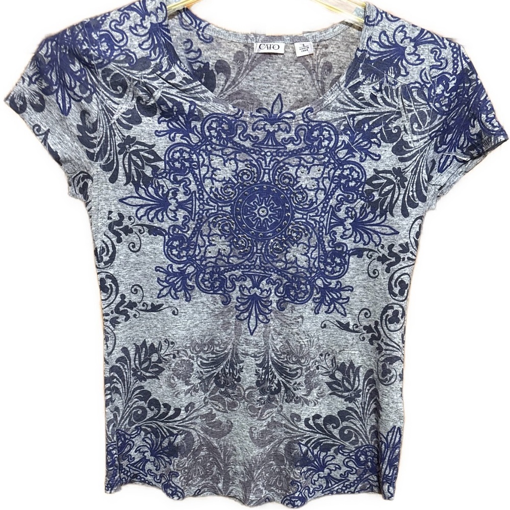 Women’s Small Cato Heather Gray Short Sleeve T-shirt with Purple Mandala Design